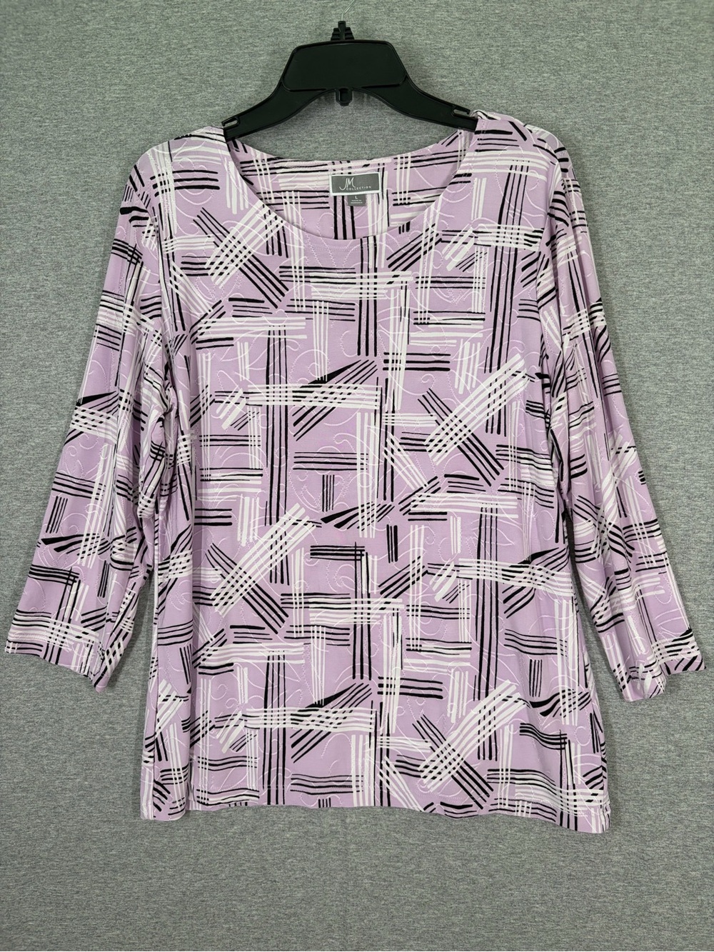 JM Collection Lavender Black & White Geometric 3/4 Sleeve Top